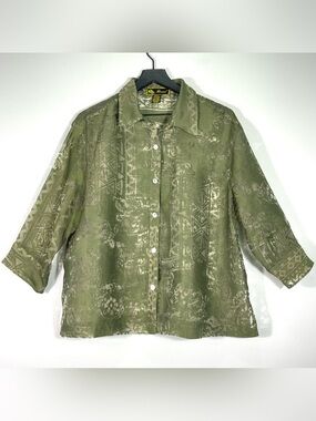 MIRASOL Women's Linen Blend Button Up Blouse Top Semi Sheer Olive Green Size XL